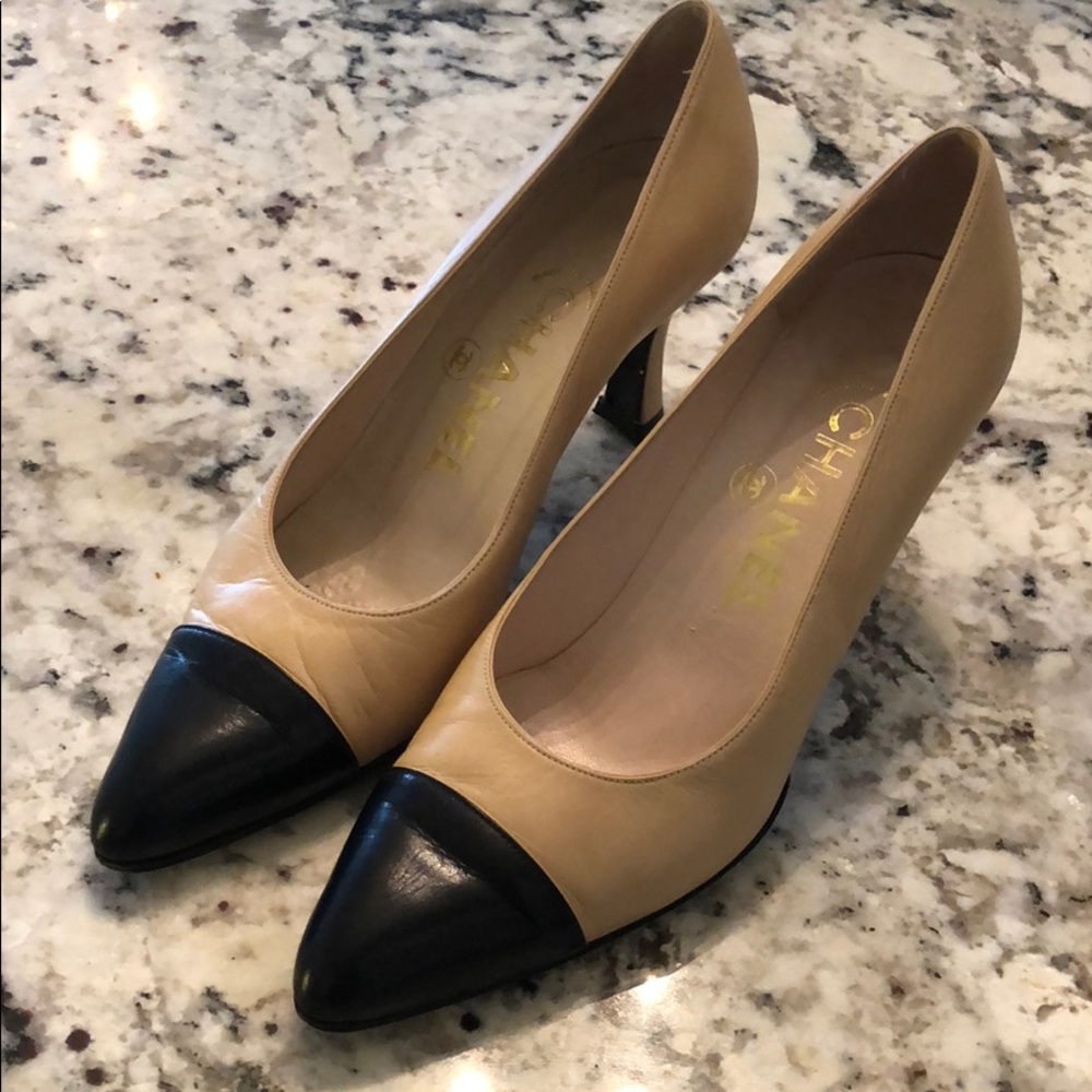 Authentic CHANEL two tone tan and black high heels
